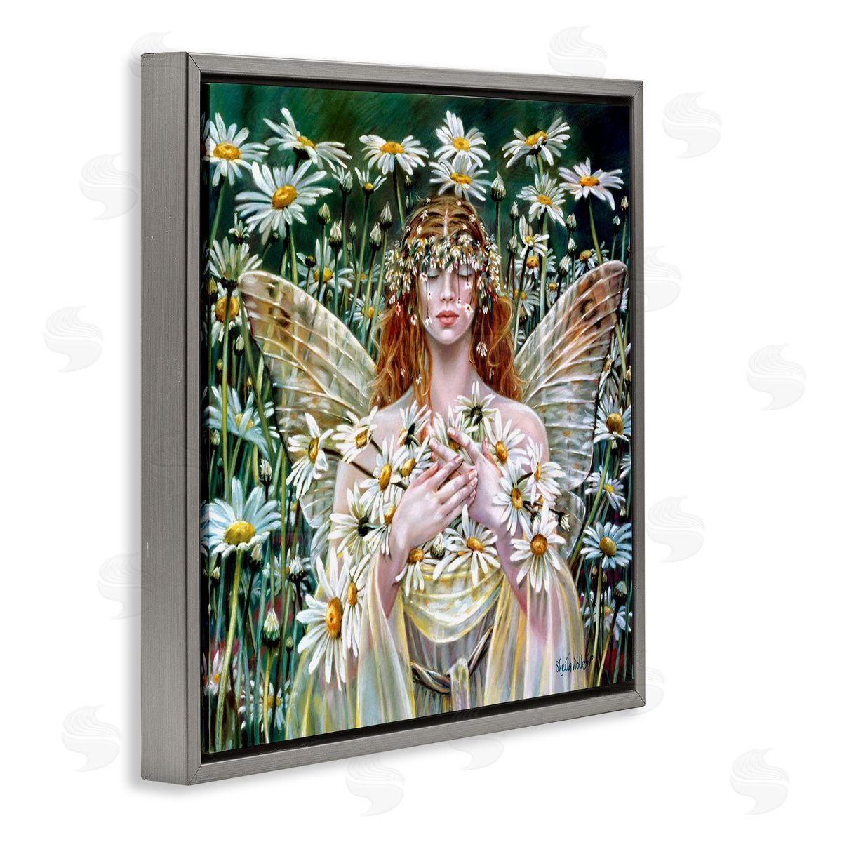 Sheila Wolk Fairy Girl Floral Daisy Field Gray Floating Frame Canvas Wall Art Print