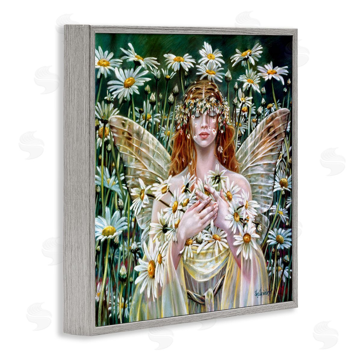 Sheila Wolk Fairy Girl Floral Daisy Field Gray Framed Glicee Wall Art Print