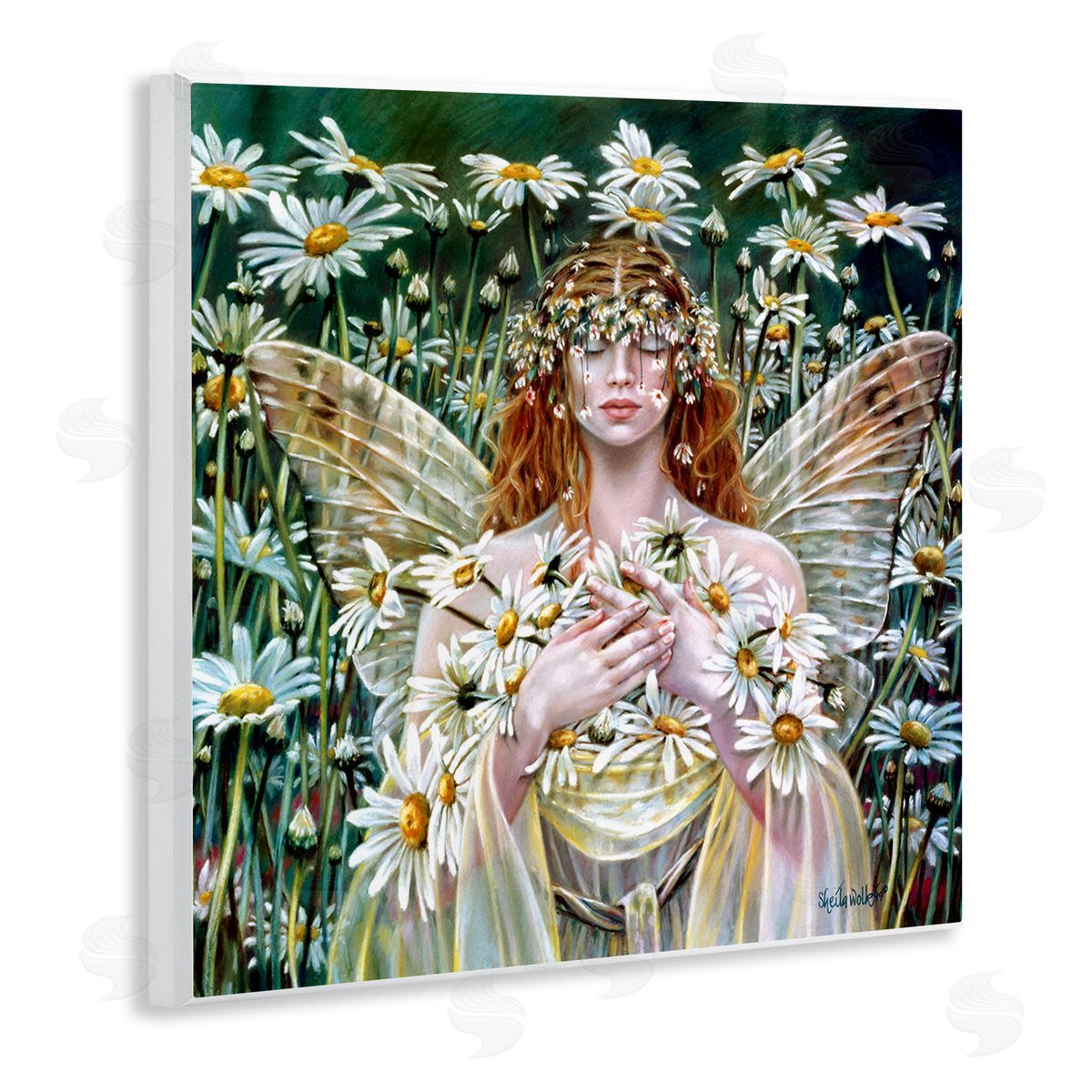 Sheila Wolk Fairy Girl Floral Daisy Field Wooden Wall Plaque Art Print