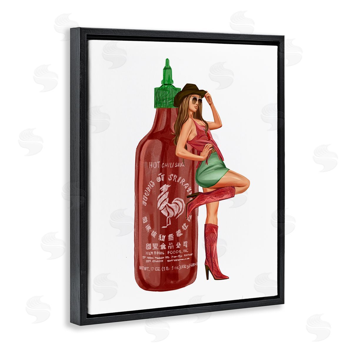 Southern Girl Hot Sauce Bottle Black Floating Frame Canvas Wall Art, Home Decor by Ziwei Li