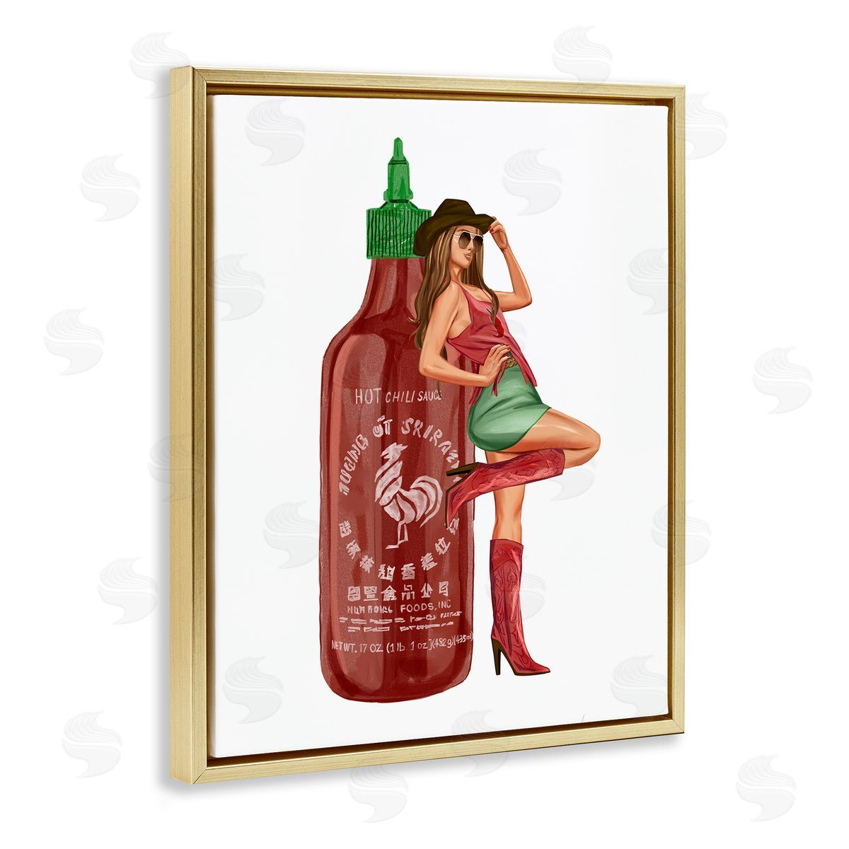 Southern Girl Hot Sauce Bottle Gold Floating Frame Canvas Wall Art, Home Decor by Ziwei Li