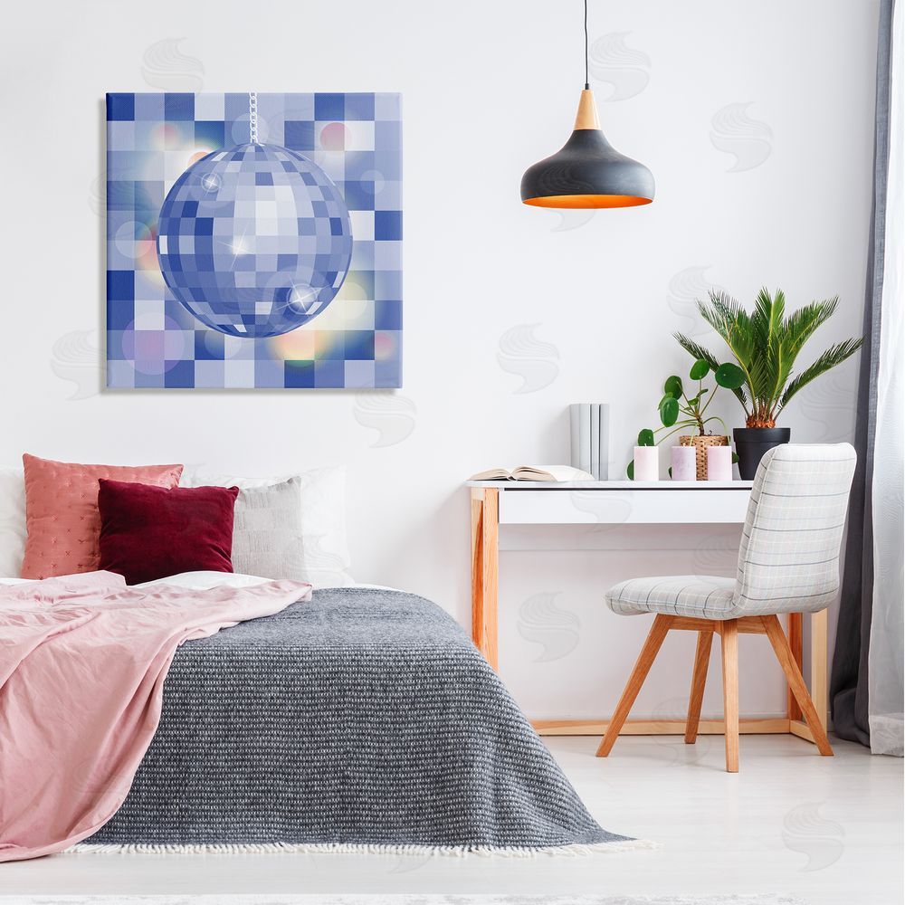 Martina Pavlova Modern Blue Checkered Disco Ball Canvas Wall Art in Room