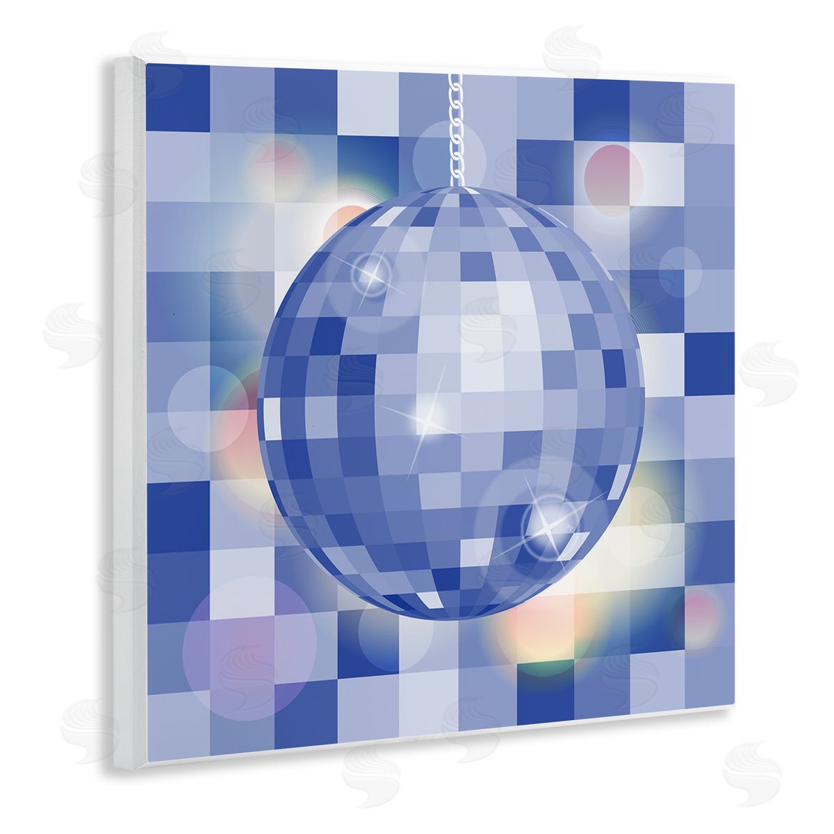 Martina Pavlova Modern Blue Checkered Disco Ball Wooden Wall Plaque Art Print