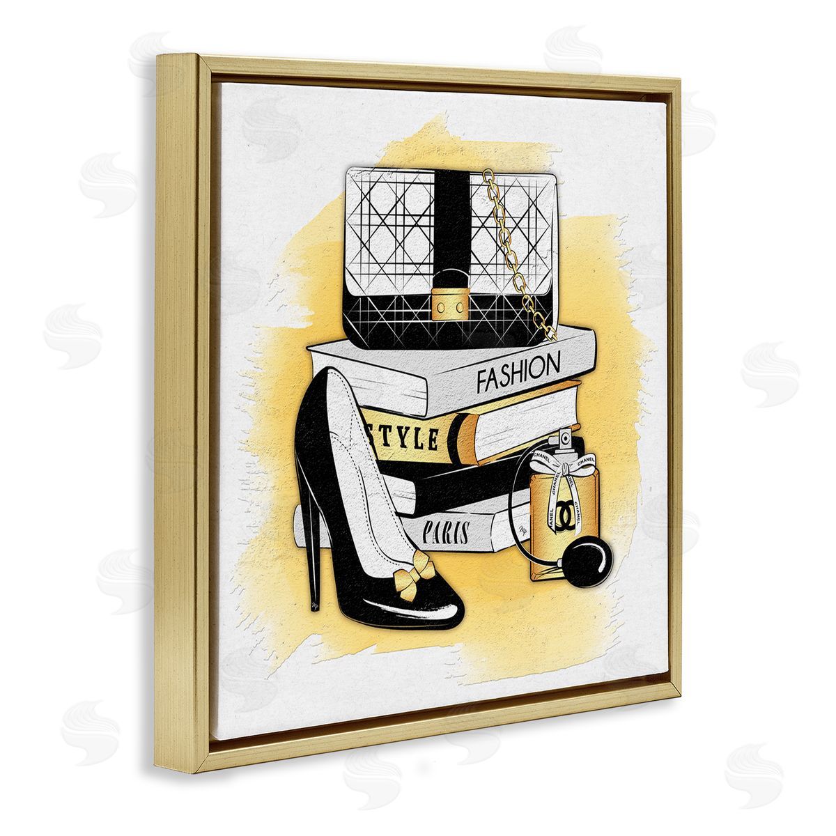 Martina Pavlova Black Glam Fashion Book Stack Gold Floating Frame Canvas Wall Art Print