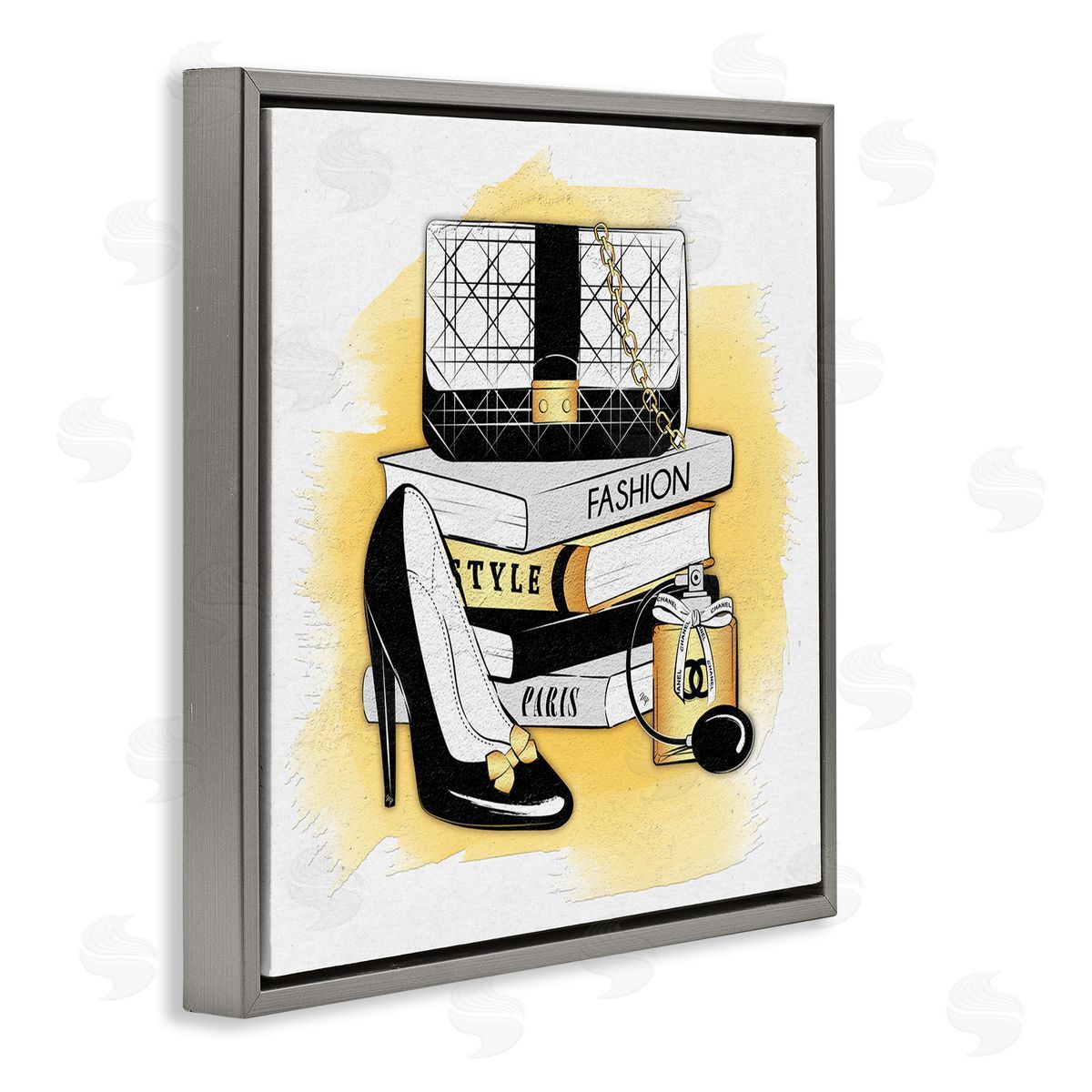 Martina Pavlova Black Glam Fashion Book Stack Gray Floating Frame Canvas Wall Art Print