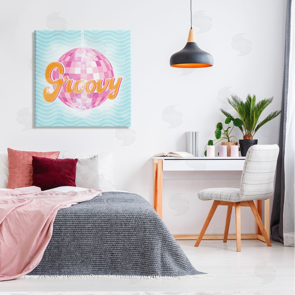 Martina Pavlova Groovy Retro Disco Ball Stripes Canvas Wall Art in Room