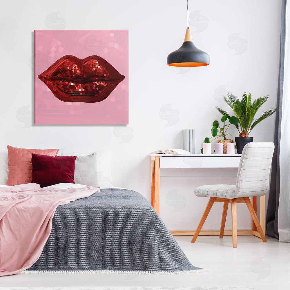 Stupell Studio Bold Pink & Red Lips Disco Pattern Canvas Wall Art in Room