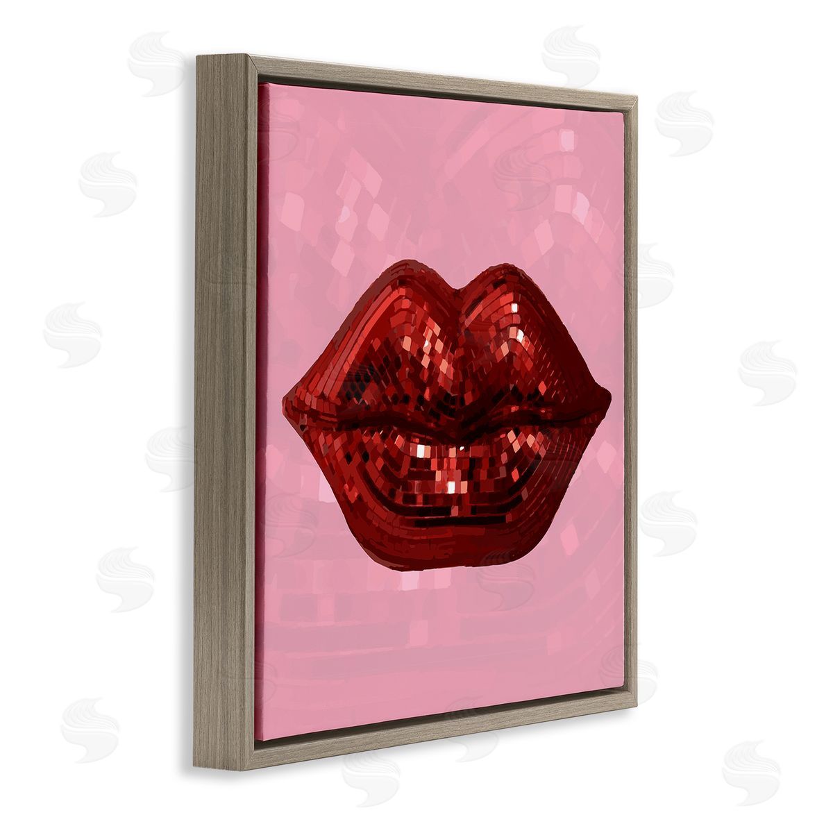 Stupell Studio Bold Pink & Red Lips Disco Pattern Brown Floating Frame Canvas Wall Art Print