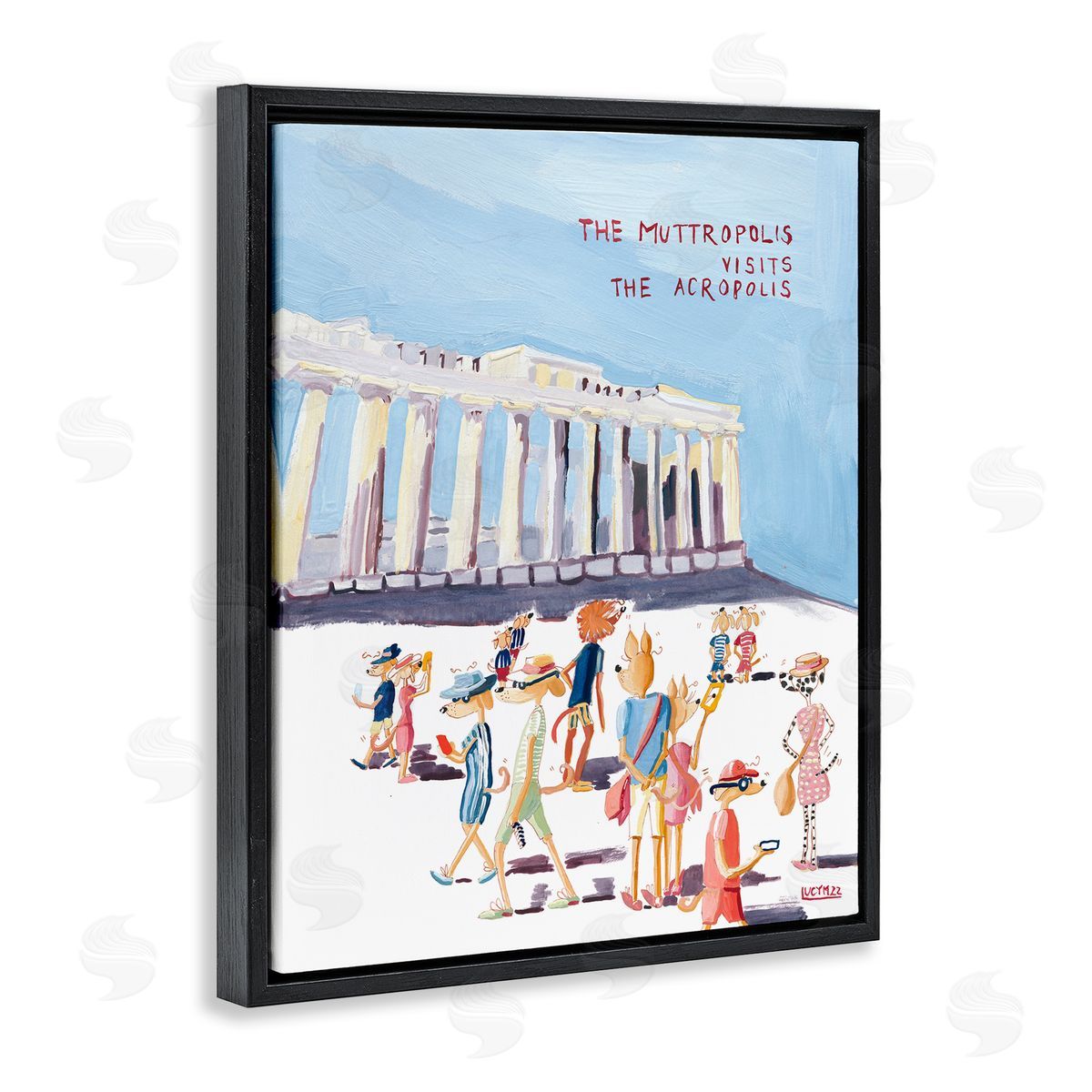 Muttropolis Visits Acropolis Funny Black Floating Frame Canvas Wall Art, Home Decor by Lucy Marshall