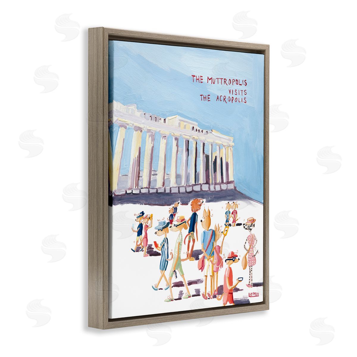 Muttropolis Visits Acropolis Funny Brown Floating Frame Canvas Wall Art, Home Decor by Lucy Marshall