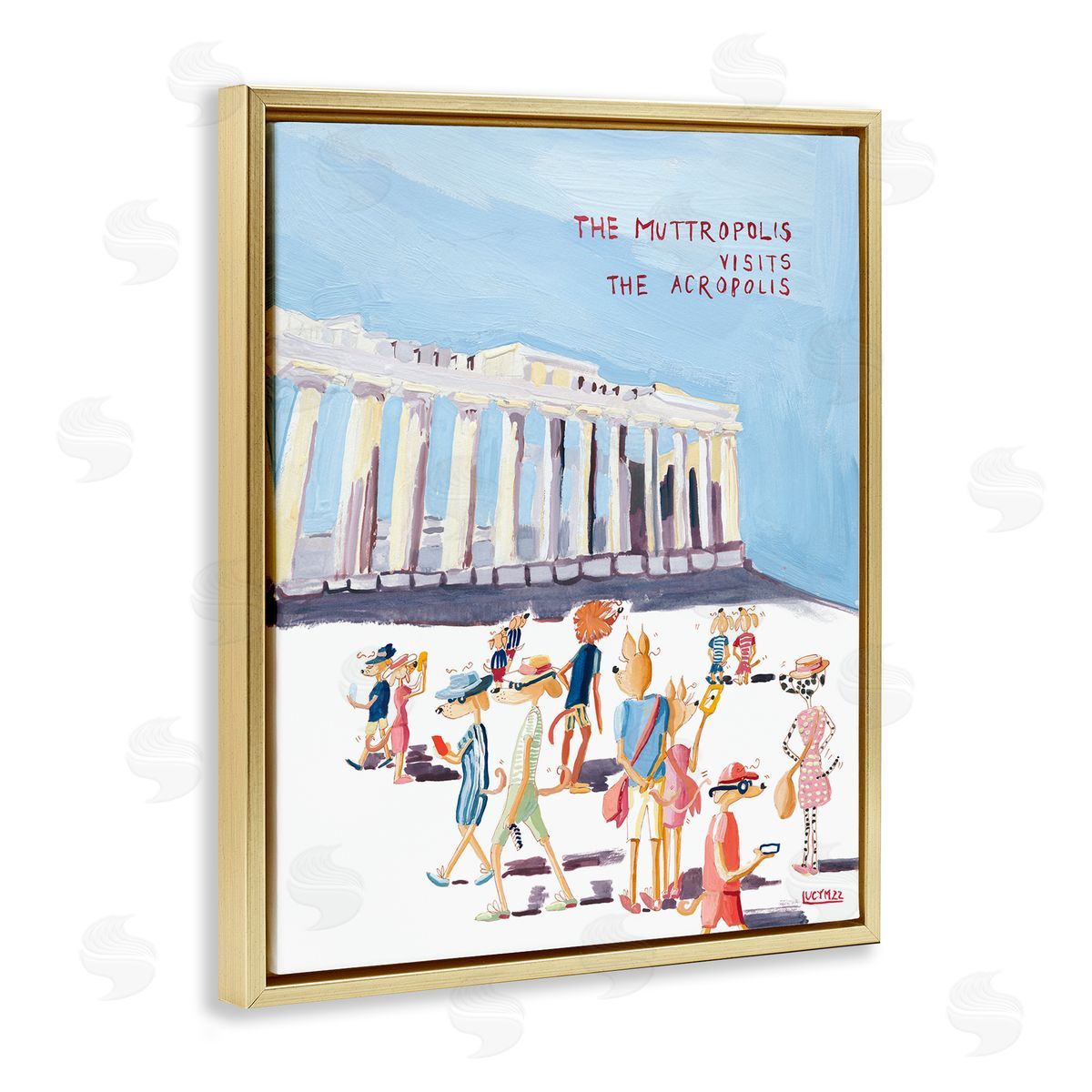 Muttropolis Visits Acropolis Funny Gold Floating Frame Canvas Wall Art, Home Decor by Lucy Marshall