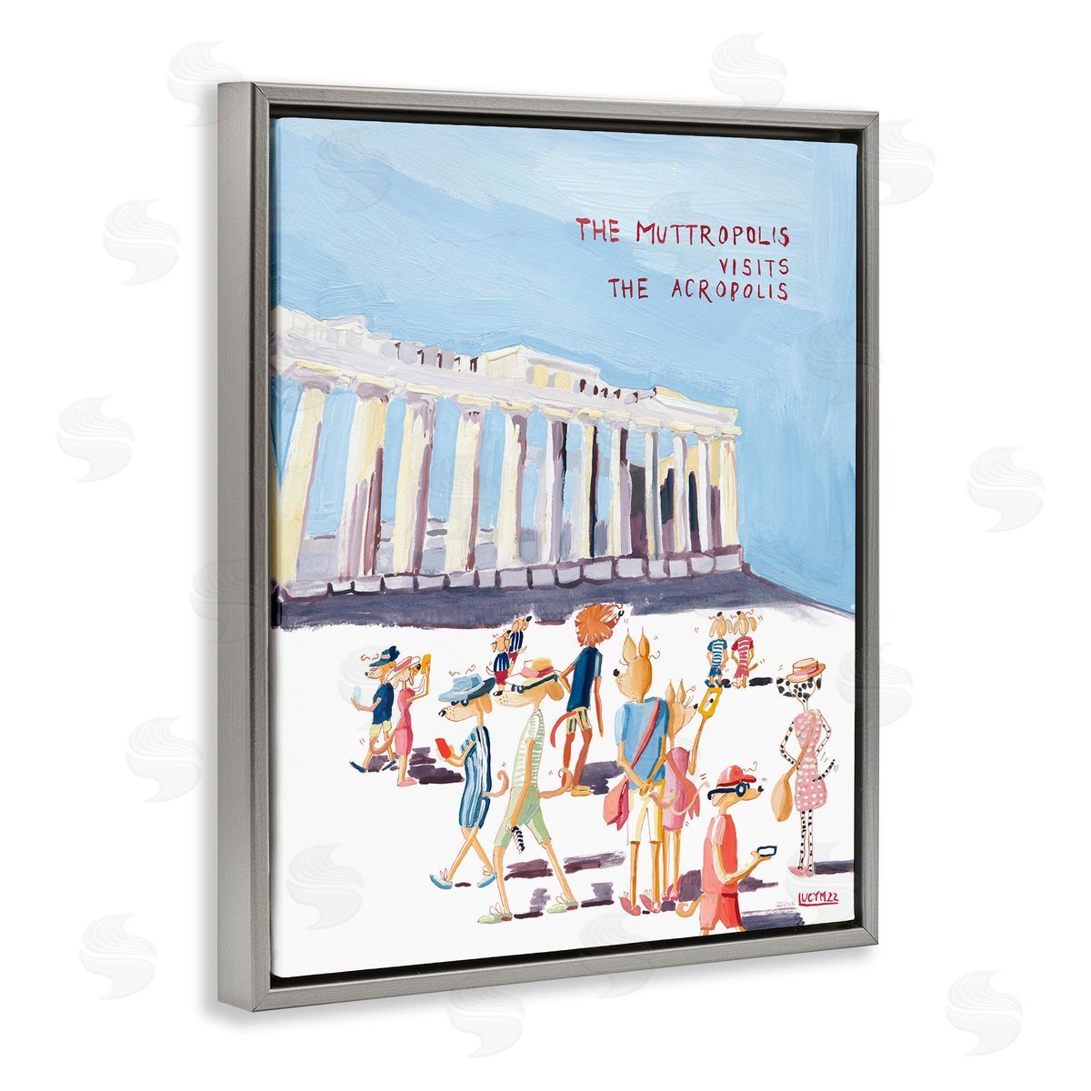 Muttropolis Visits Acropolis Funny Grey Floating Frame Canvas Wall Art, Home Decor by Lucy Marshall