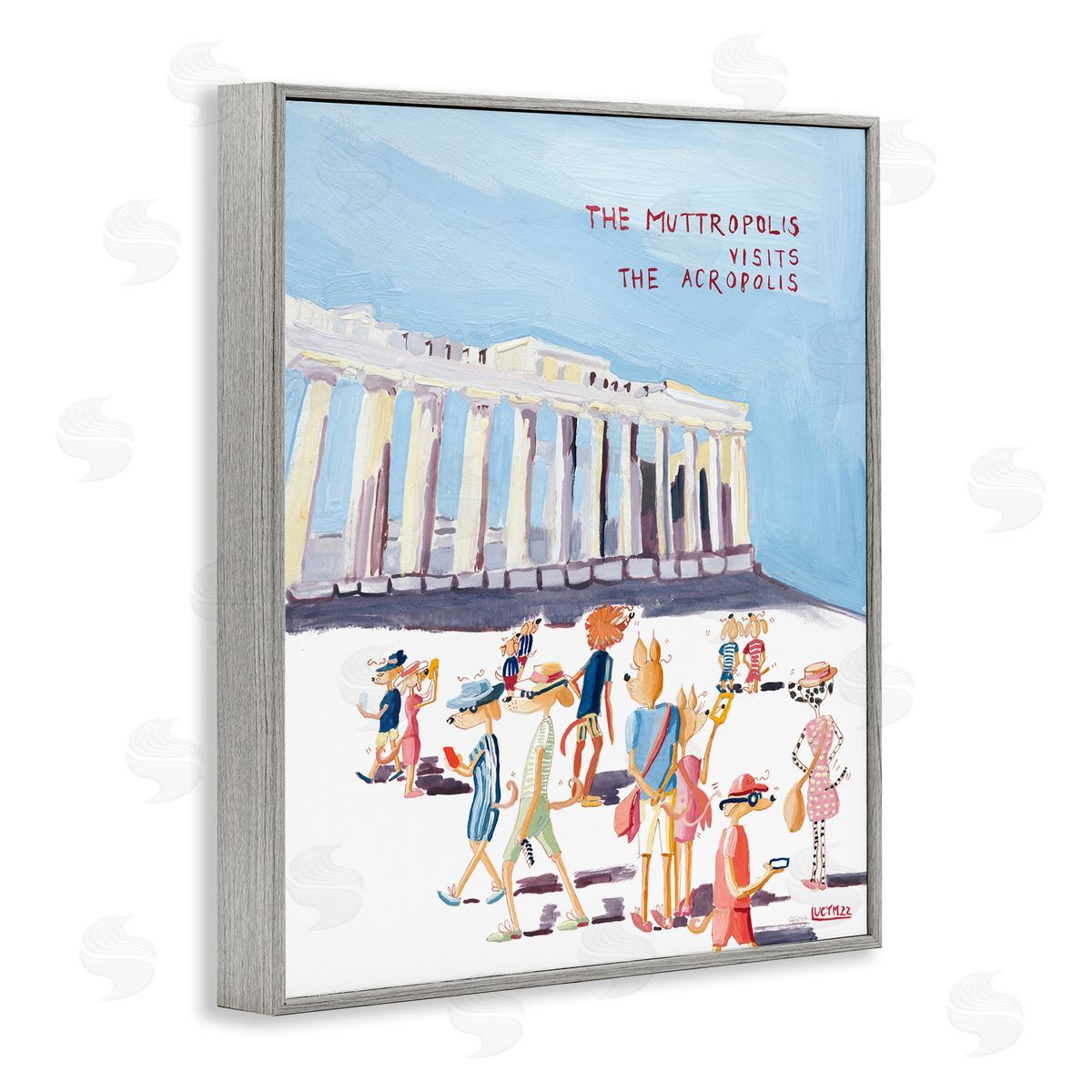 Muttropolis Visits Acropolis Funny Grey Frame Print Wall Art, Home Decor by Lucy Marshall