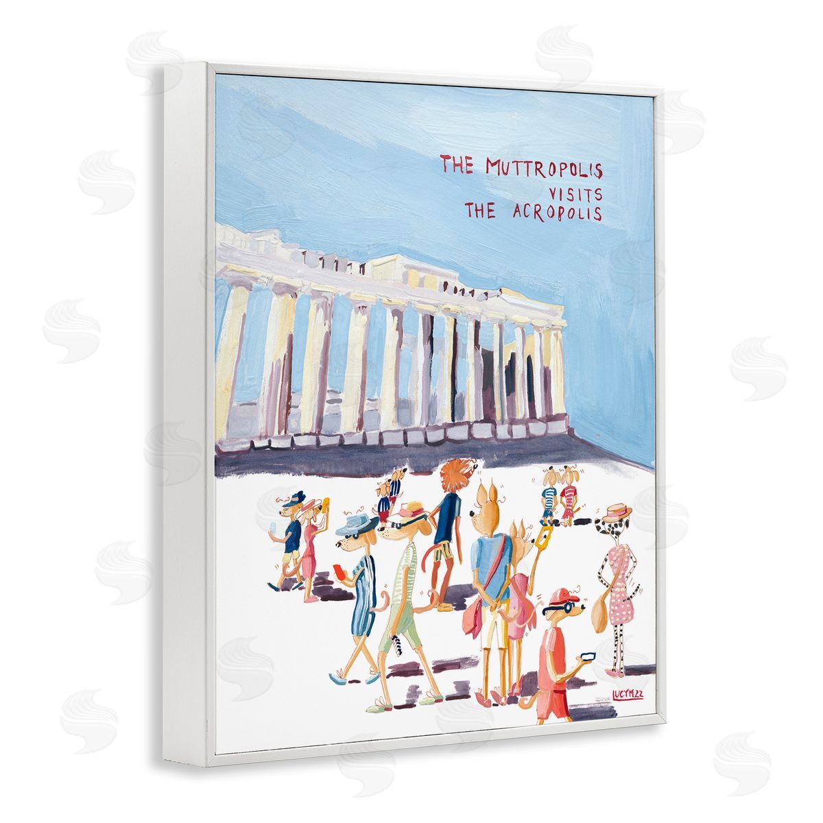 Muttropolis Visits Acropolis Funny White Frame Print Wall Art, Home Decor by Lucy Marshall
