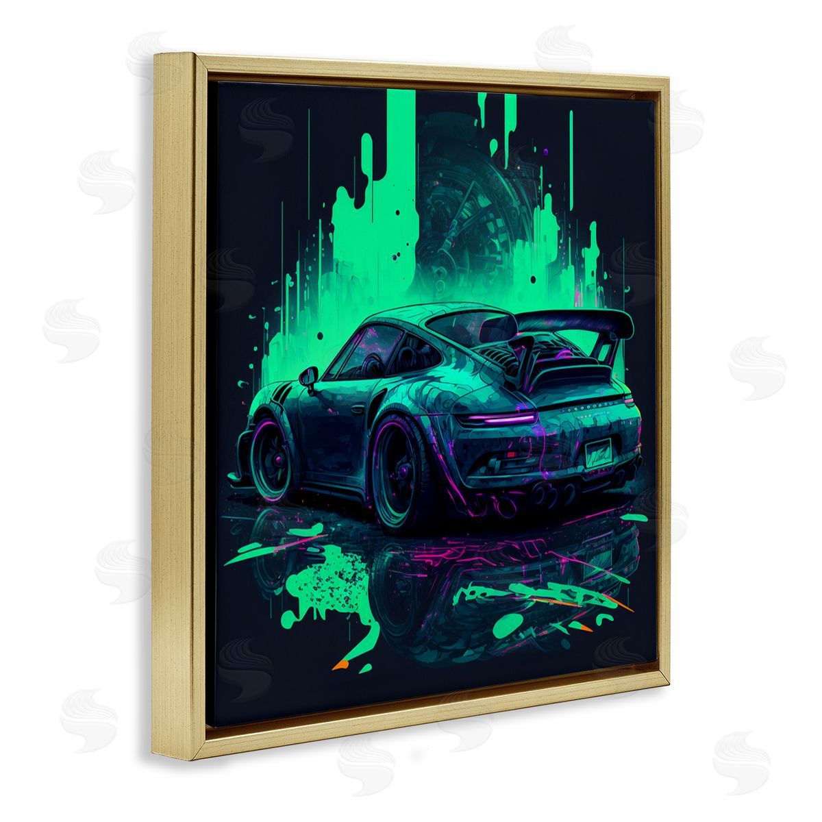 CyberGeek Design Urban Sports Car Neon Graffiti Gold Floating Frame Canvas Wall Art Print