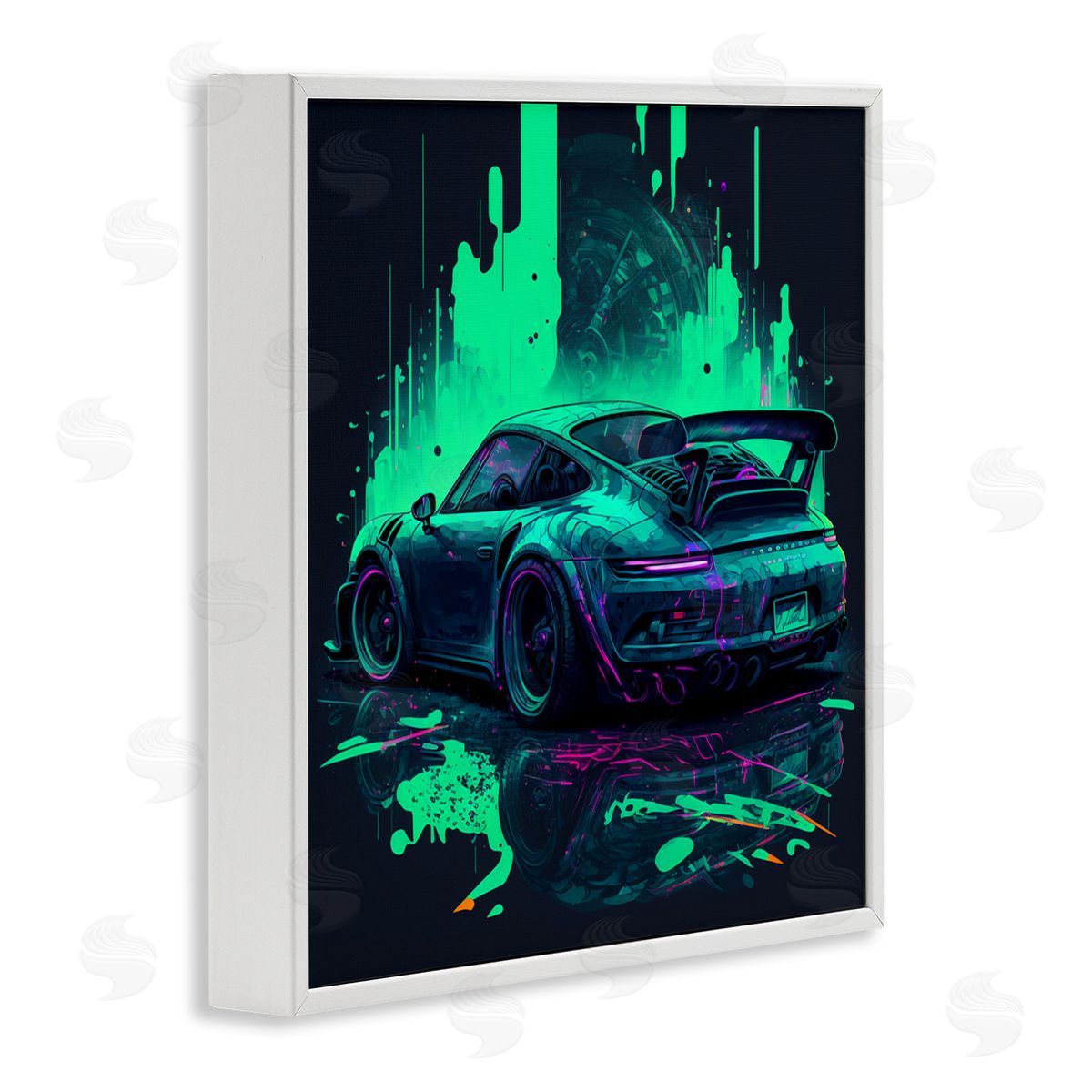 CyberGeek Design Urban Sports Car Neon Graffiti White Framed Glicee Wall Art Print