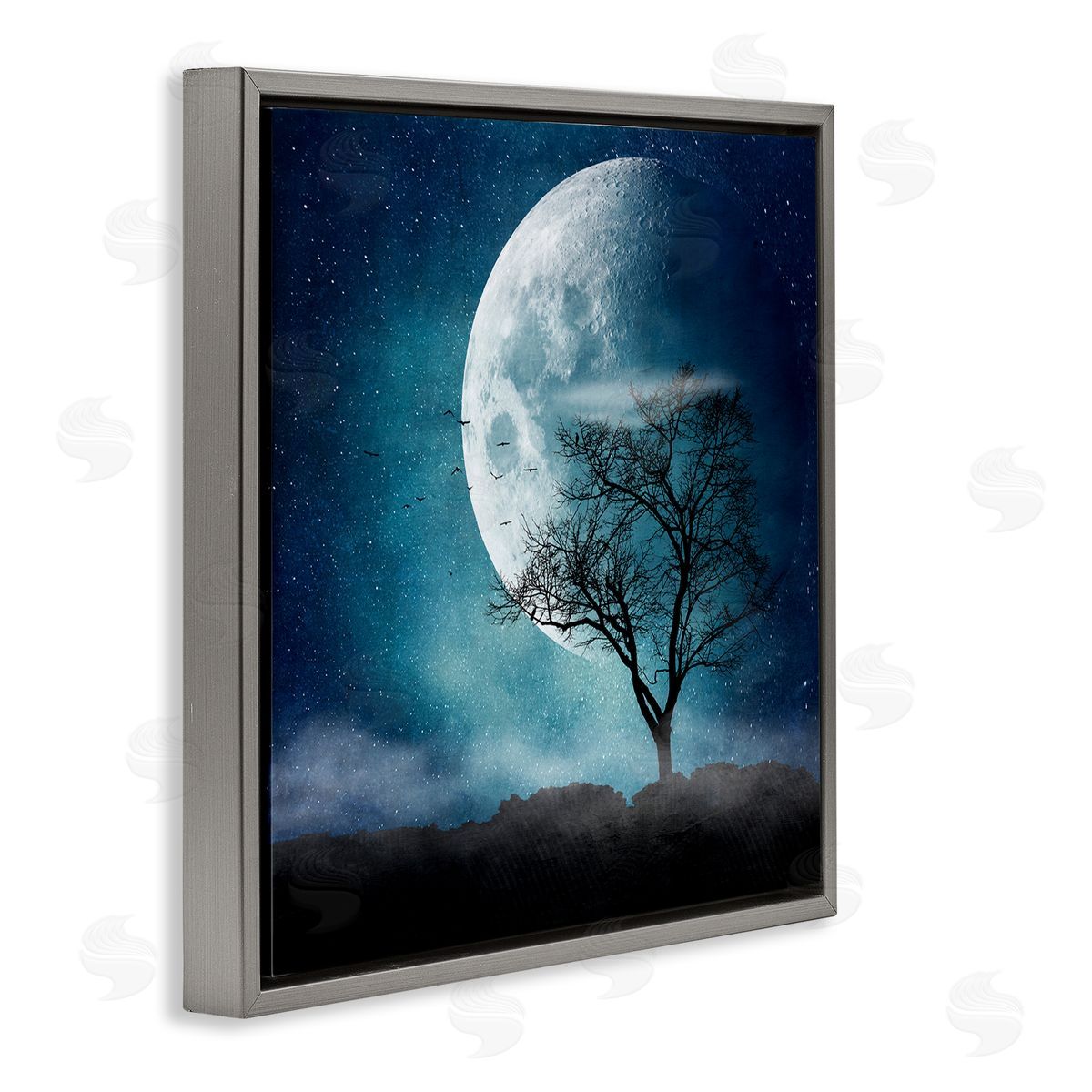 Dirk Wustenhagen Surreal Full Moon Tree Silhouette Gray Floating Frame Canvas Wall Art Print