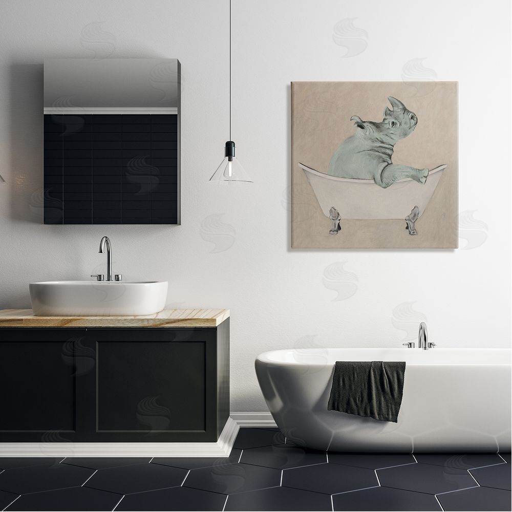 Coco de Paris Beige Rhinoceros Bathtub Wildlife Canvas Wall Art in Room
