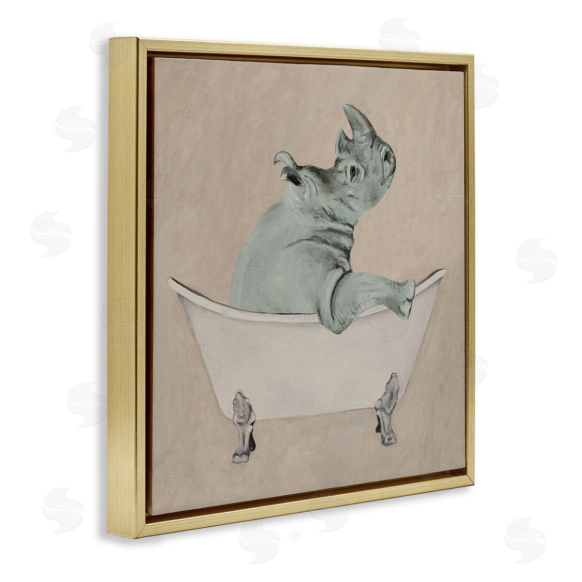 Coco de Paris Beige Rhinoceros Bathtub Wildlife Gold Floating Frame Canvas Wall Art Print