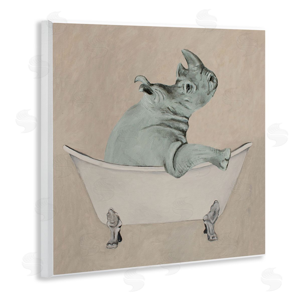 Coco de Paris Beige Rhinoceros Bathtub Wildlife Wooden Wall Plaque Art Print