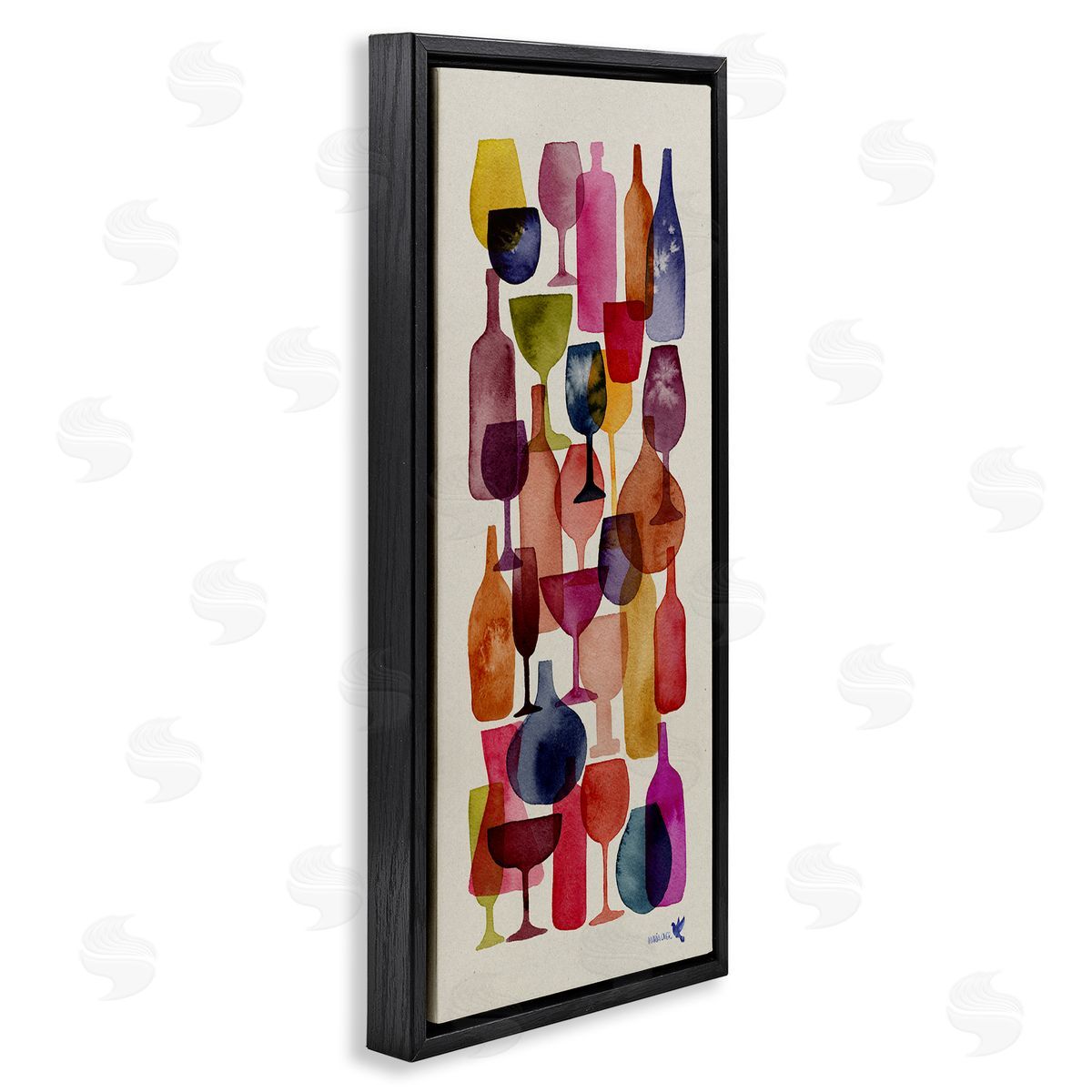 Layered Wine Glasses Painting Black Floating Frame Canvas Wall Art, Home Decor by Maria Over