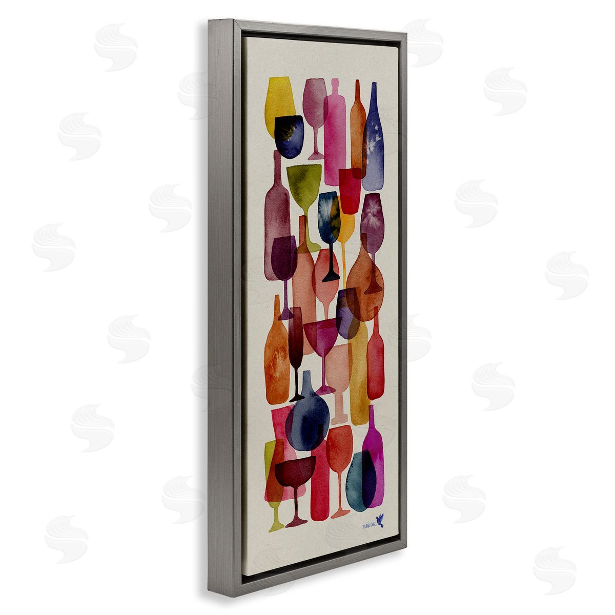 Layered Wine Glasses Painting Grey Floating Frame Canvas Wall Art, Home Decor by Maria Over