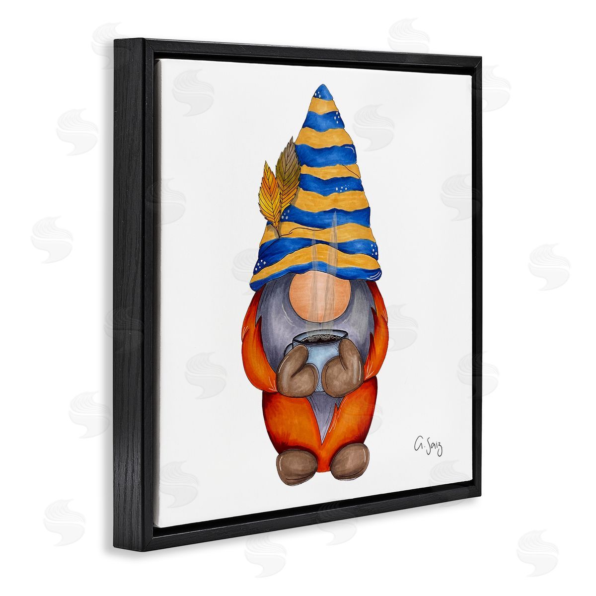 Ale Saiz Studio Gnome Steaming Coffee Cup Drink Black Floating Frame Canvas Wall Art Print
