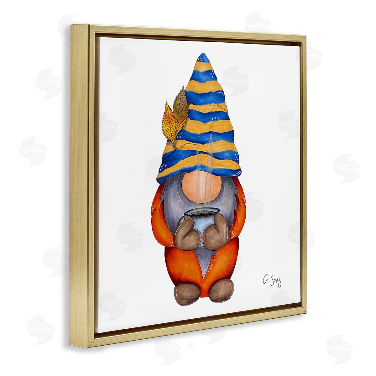 Ale Saiz Studio Gnome Steaming Coffee Cup Drink Gold Floating Frame Canvas Wall Art Print