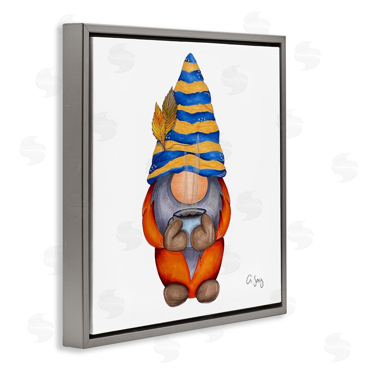 Ale Saiz Studio Gnome Steaming Coffee Cup Drink Gray Floating Frame Canvas Wall Art Print