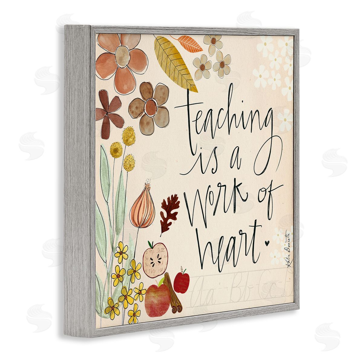 Katie Doucette Teaching Is Work Of Heart Floral Gray Framed Glicee Wall Art Print