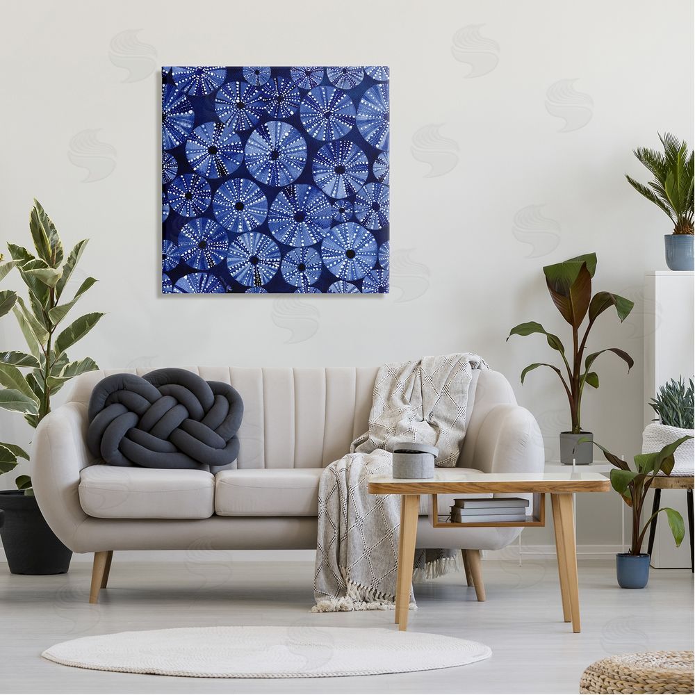 Maria Over Abstract Blue Sea Urchin Pattern Canvas Wall Art in Room