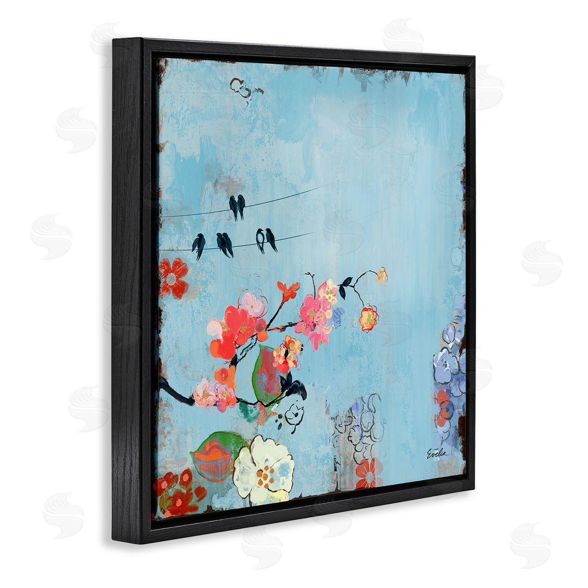 Evelia Designs Modern Birds & Flowers Scenery Black Floating Frame Canvas Wall Art Print