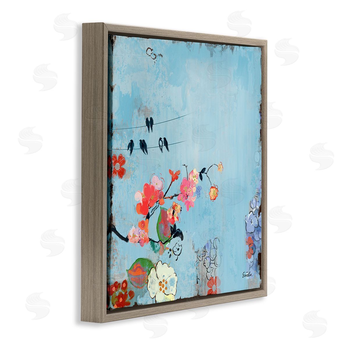 Evelia Designs Modern Birds & Flowers Scenery Brown Floating Frame Canvas Wall Art Print