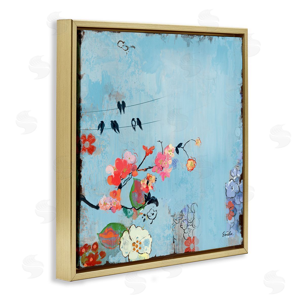Evelia Designs Modern Birds & Flowers Scenery Gold Floating Frame Canvas Wall Art Print