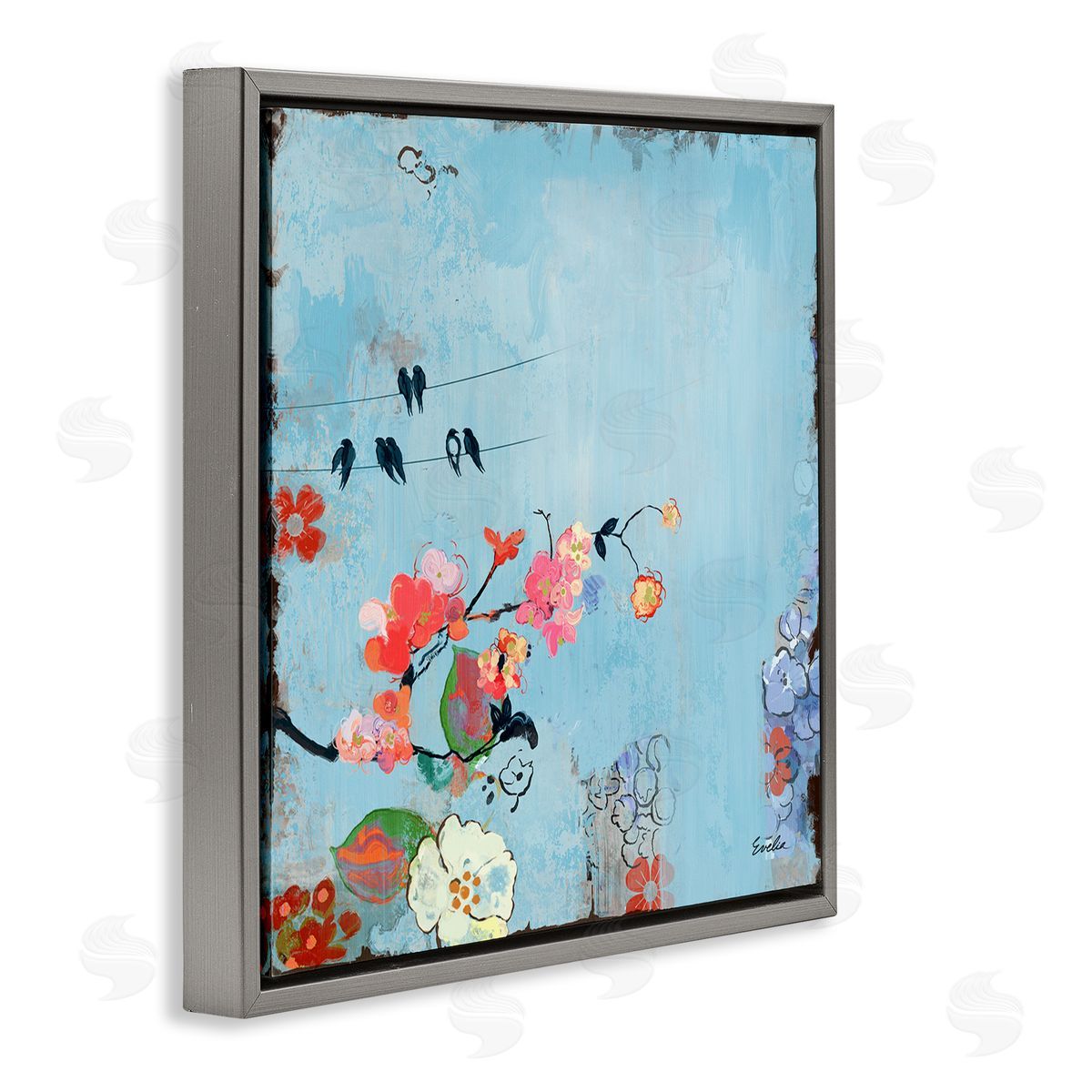 Evelia Designs Modern Birds & Flowers Scenery Gray Floating Frame Canvas Wall Art Print