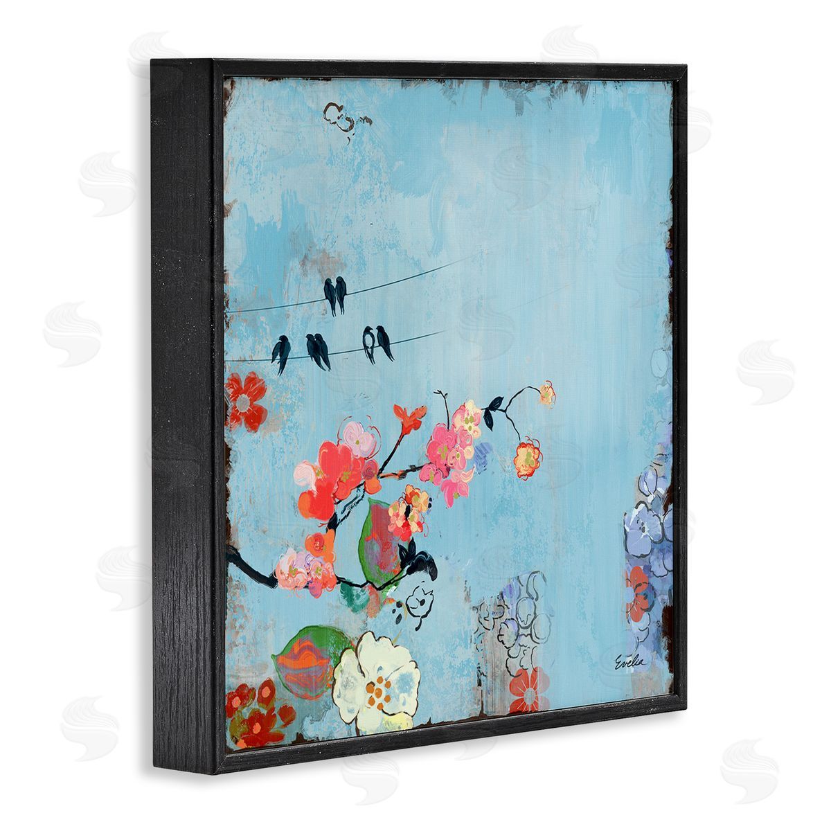 Evelia Designs Modern Birds & Flowers Scenery Black Framed Glicee Wall Art Print