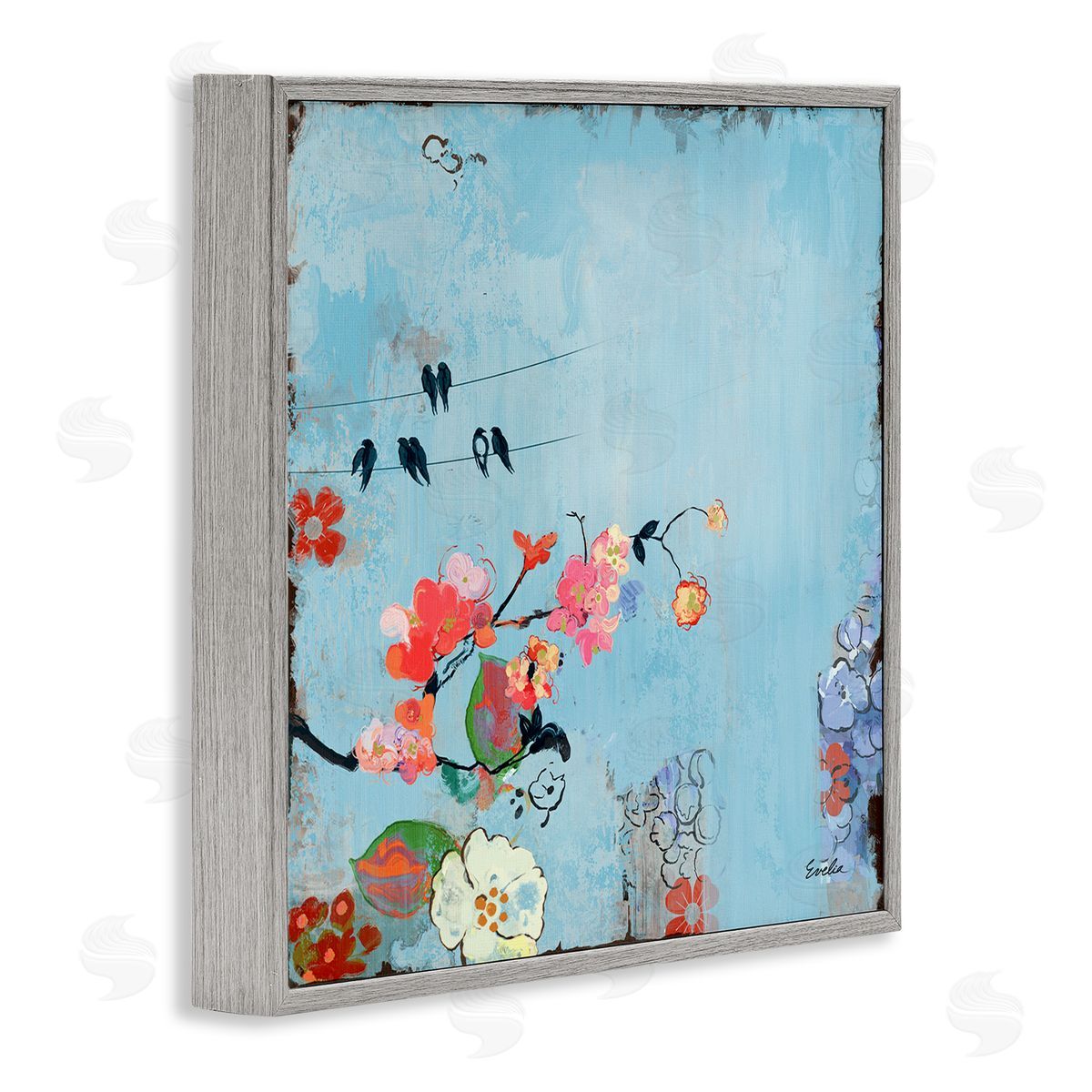 Evelia Designs Modern Birds & Flowers Scenery Gray Framed Glicee Wall Art Print