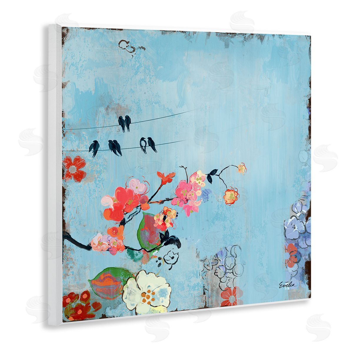 Evelia Designs Modern Birds & Flowers Scenery Wooden Wall Plaque Art Print