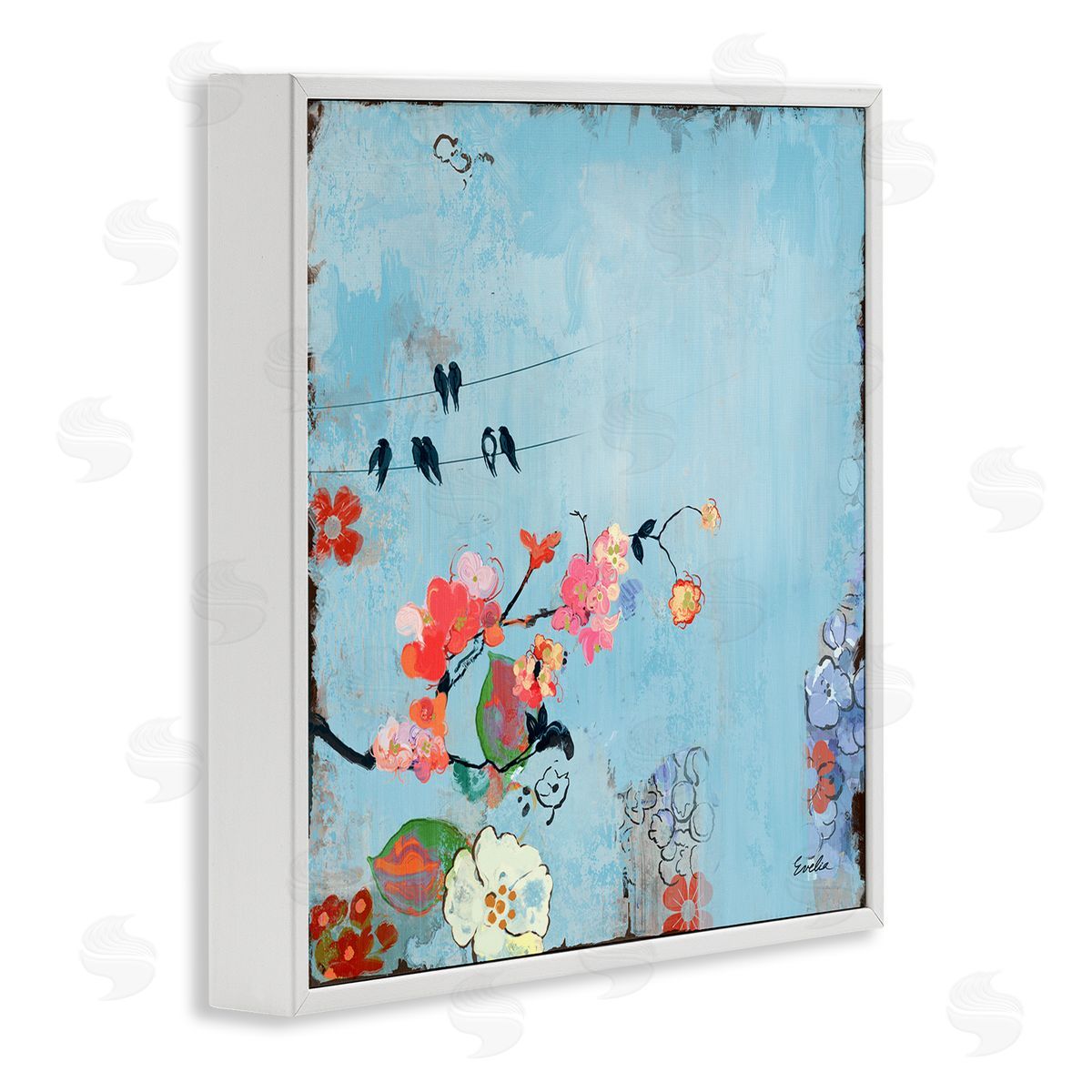 Evelia Designs Modern Birds & Flowers Scenery White Framed Glicee Wall Art Print