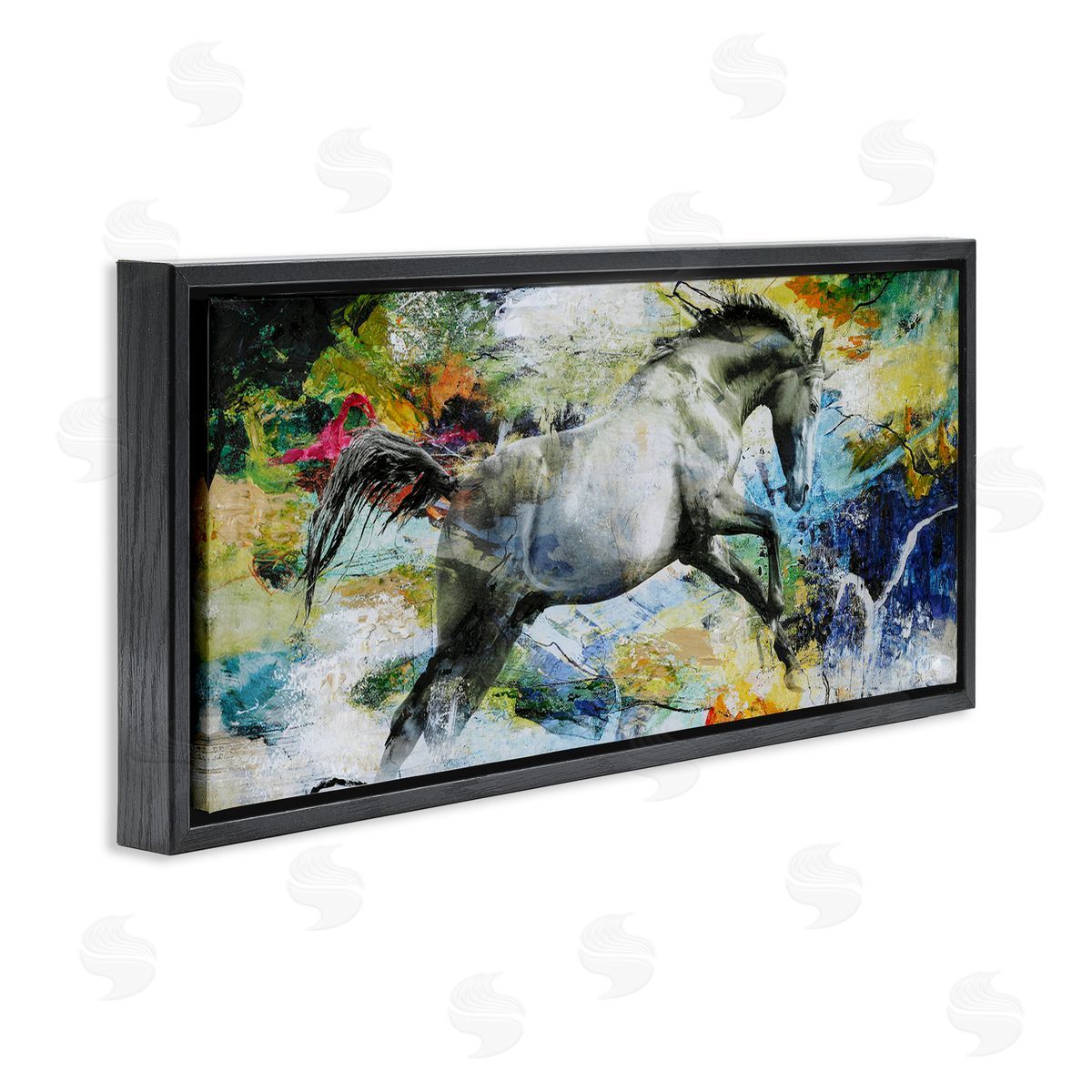 Design Fabrikken Galloping Horse Modern Splatter Black Floating Frame Canvas Wall Art Print