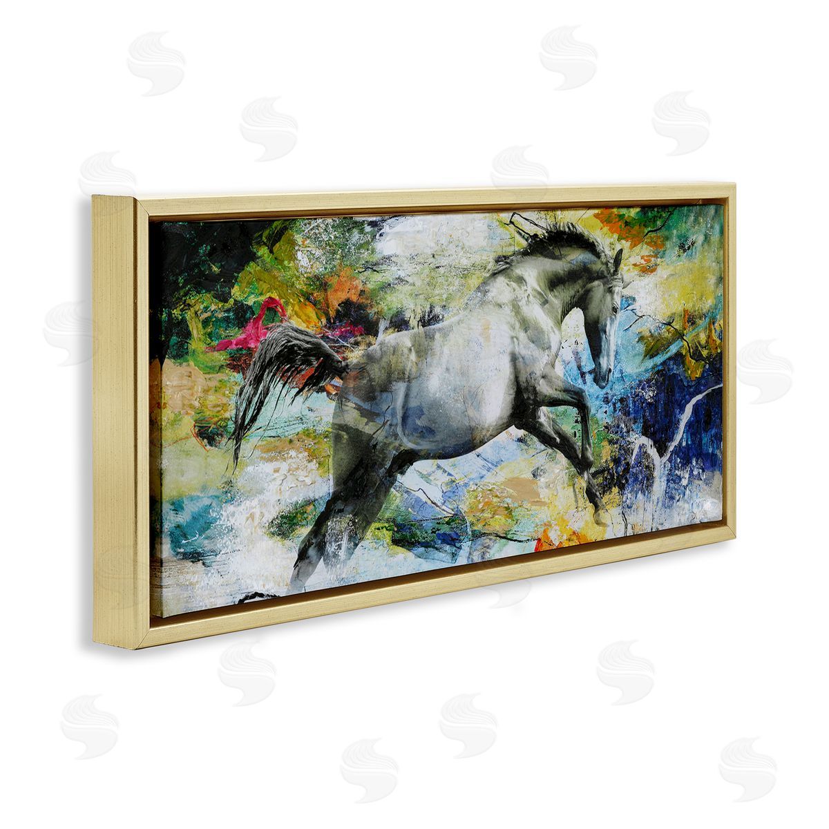 Design Fabrikken Galloping Horse Modern Splatter Gold Floating Frame Canvas Wall Art Print
