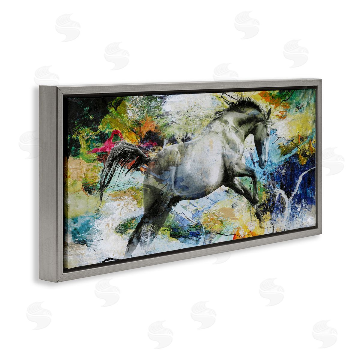 Design Fabrikken Galloping Horse Modern Splatter Gray Floating Frame Canvas Wall Art Print