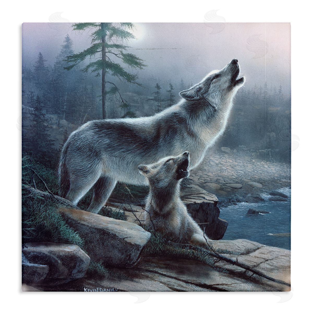 Kevin Daniel Howling Wolf & Pup Landscape Stretched Canvas Wall Art Print