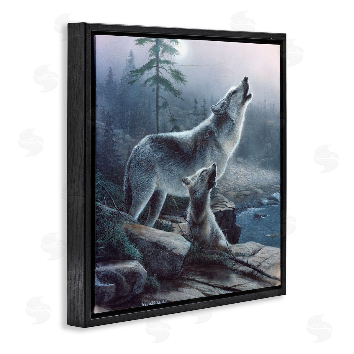 Kevin Daniel Howling Wolf & Pup Landscape Black Floating Frame Canvas Wall Art Print