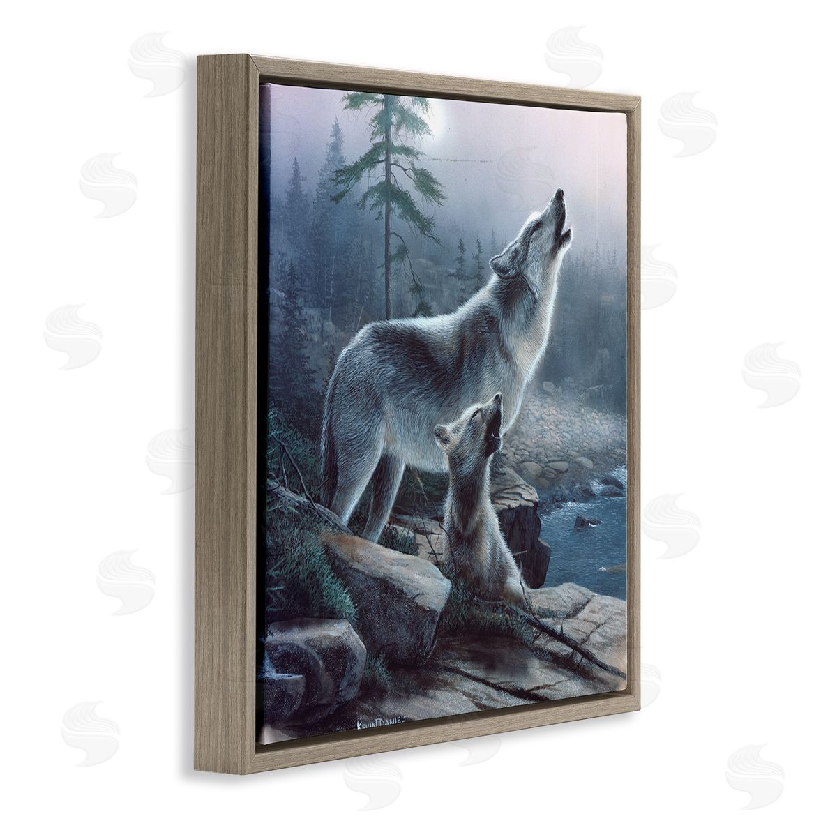 Kevin Daniel Howling Wolf & Pup Landscape Brown Floating Frame Canvas Wall Art Print