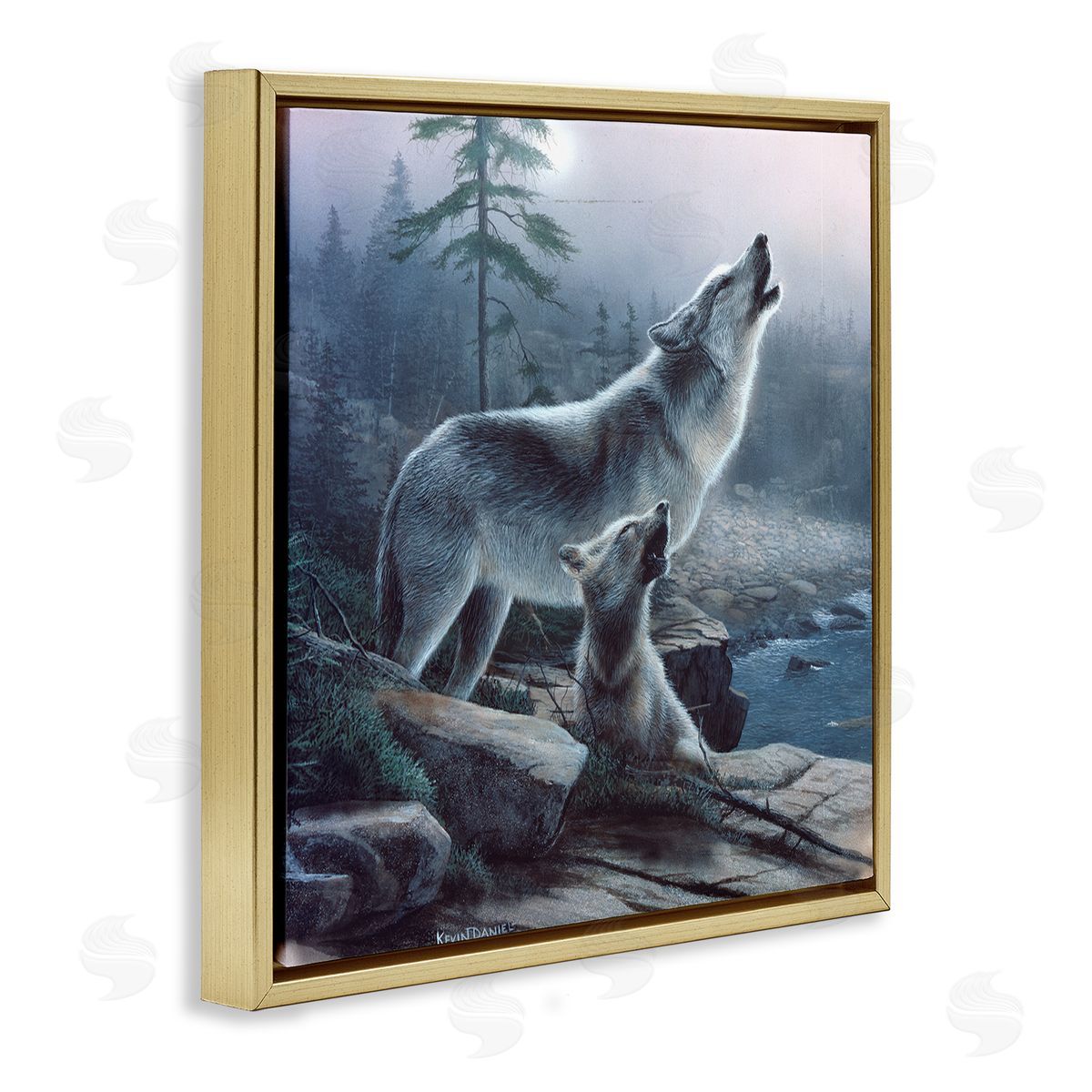 Kevin Daniel Howling Wolf & Pup Landscape Gold Floating Frame Canvas Wall Art Print