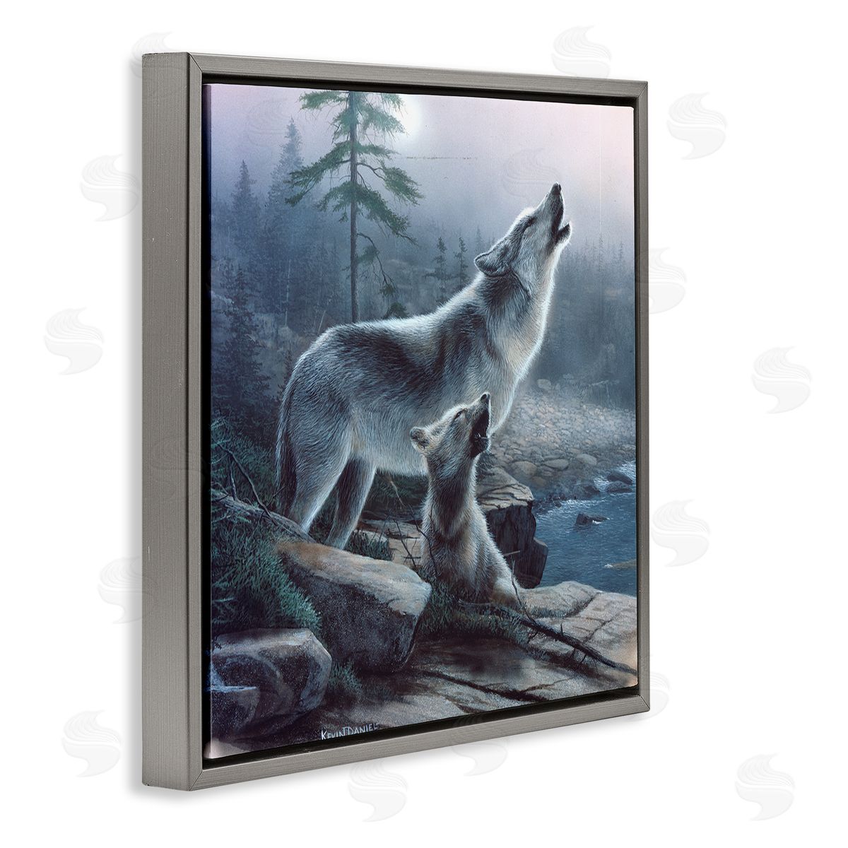 Kevin Daniel Howling Wolf & Pup Landscape Gray Floating Frame Canvas Wall Art Print