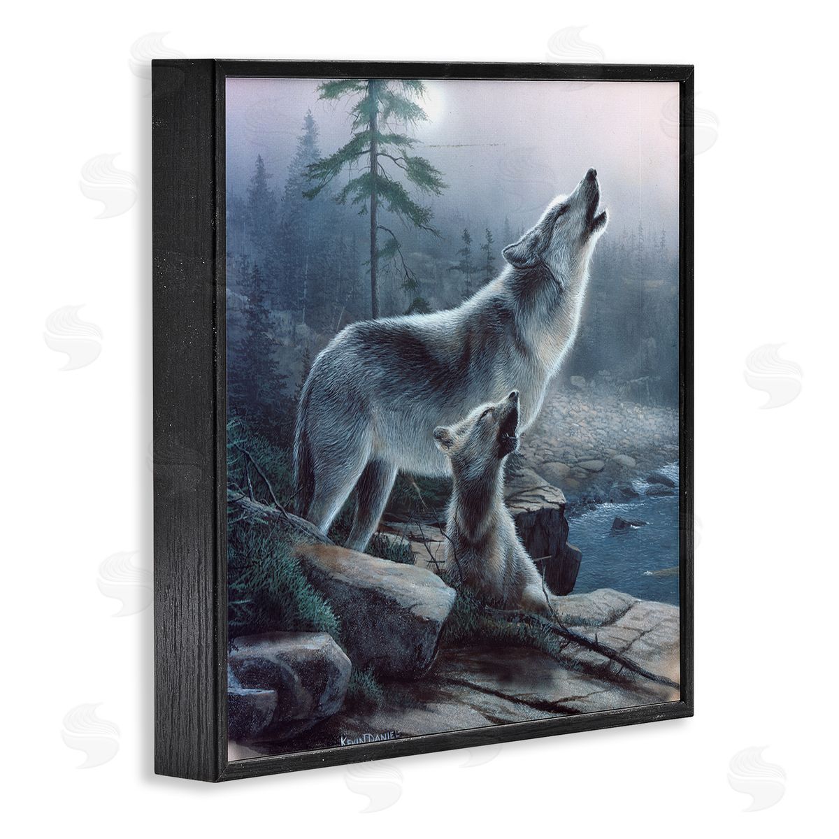 Kevin Daniel Howling Wolf & Pup Landscape Black Framed Glicee Wall Art Print