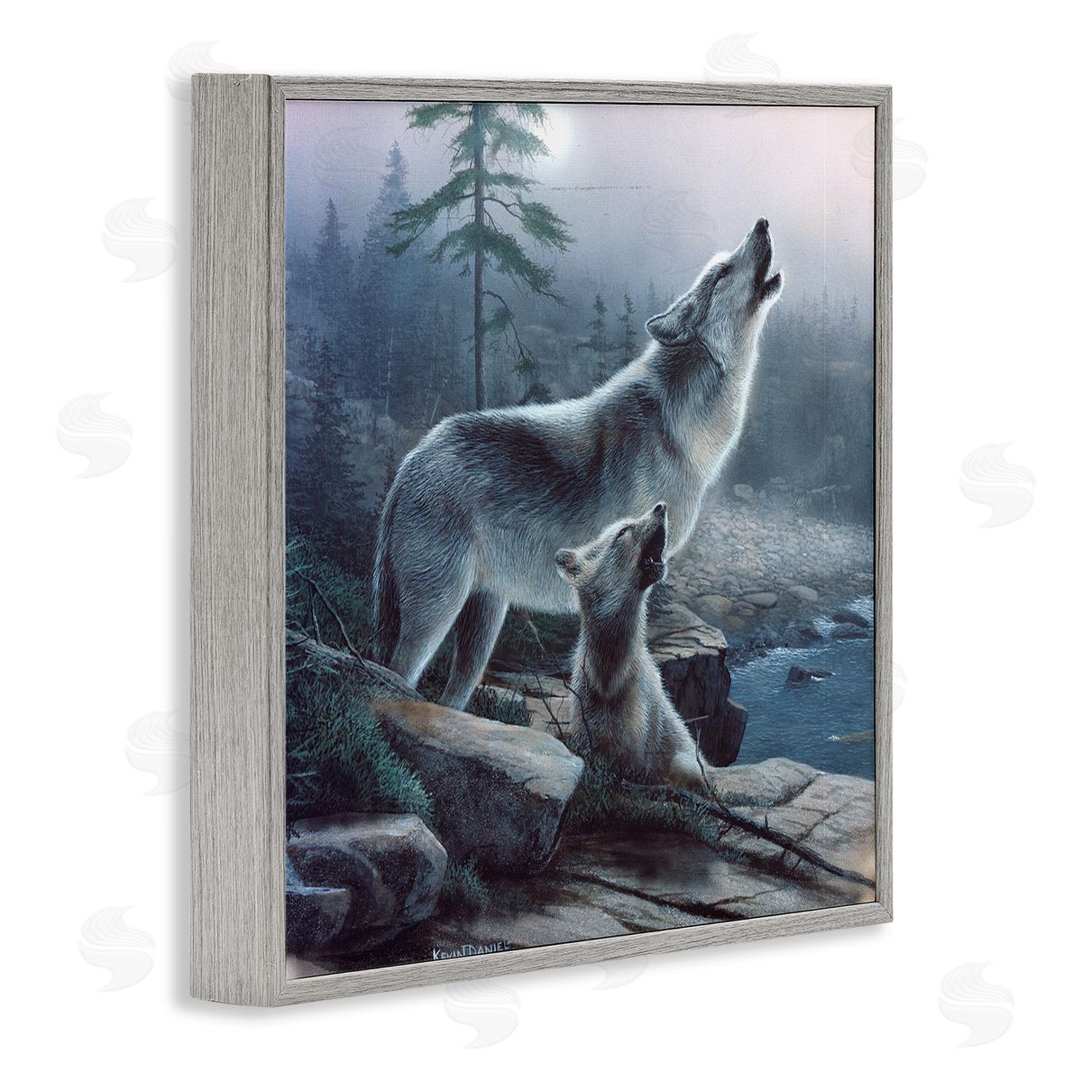 Kevin Daniel Howling Wolf & Pup Landscape Gray Framed Glicee Wall Art Print