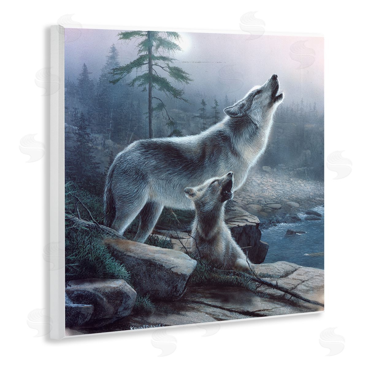 Kevin Daniel Howling Wolf & Pup Landscape Wooden Wall Plaque Art Print